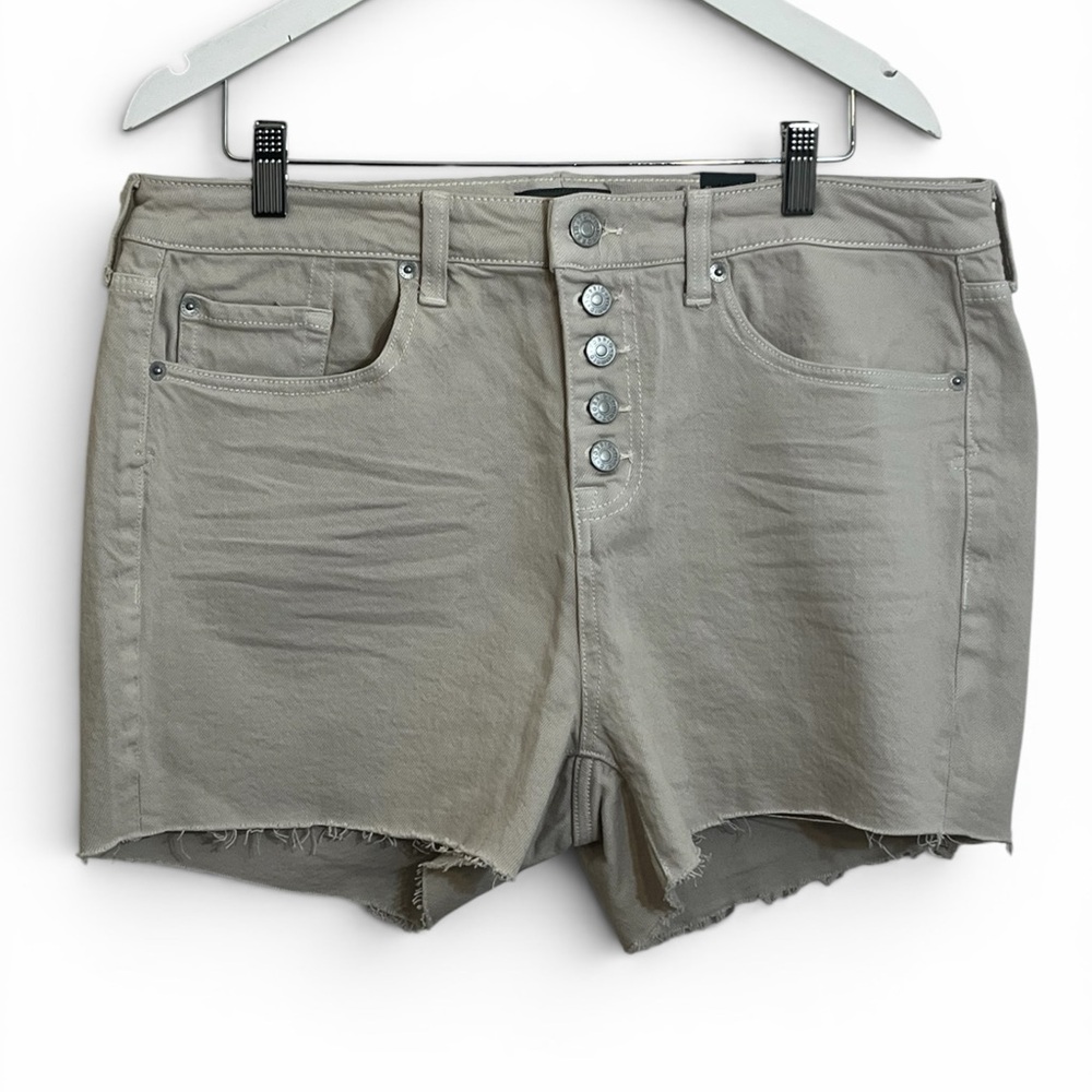 torrid Olive-Toned Button-Fly Raw Hem Denim Shorts